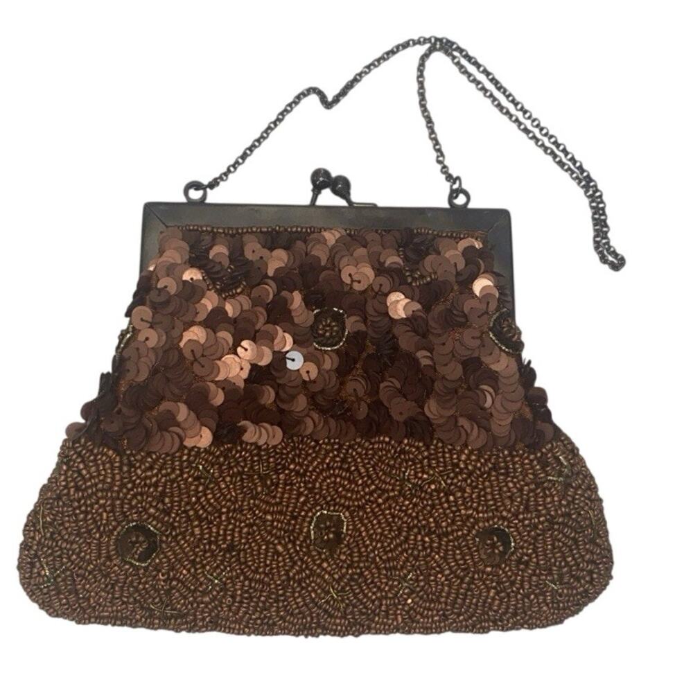 A Vintage Handbag Purse Sequined Beaded Gold Tone Chain 20's Style